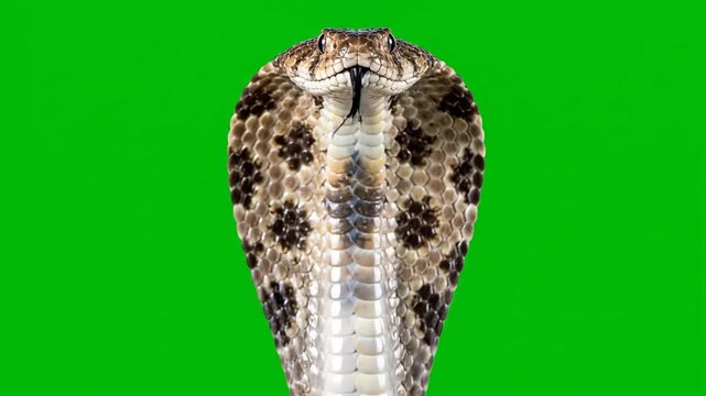 Cobra with hood spread, showcasing intricate scales and an intense gaze, isolated against a vibrant green screen, perfect for digital compositing applications