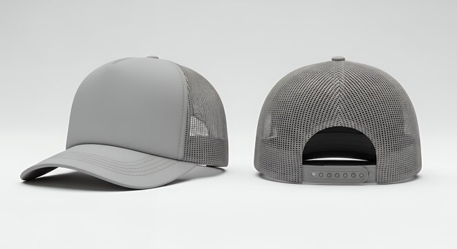 Two grey trucker hats shown from the front and back on a plain background