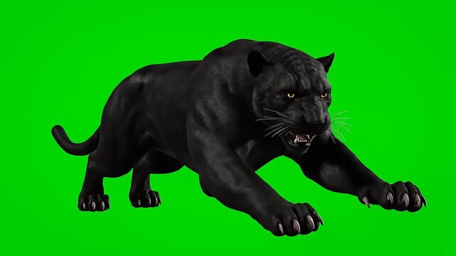 Ferocious black panther on a vibrant green screen background, ready to pounce