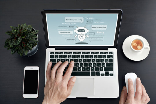 AI chatbot error concept on laptop screen, virtual assistant character with system failure messages