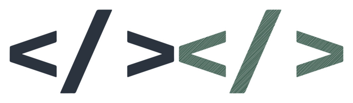 Coding, programming symbols, HTML tags, green and black code icons, web development elements, vector graphics
