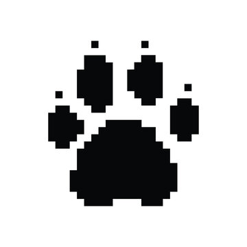 Simple flat vector animal paw print in pixel style on transparent background. Retro 8-bit pixel art design perfect for pet logos, animal tracking apps, wildlife icons, gaming graphics, and minimalist 