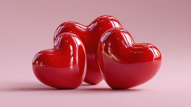 Three Red Hearts: A trio of glossy, crimson hearts, symbols of love and affection, come together against a soft backdrop, celebrating the warmth of human emotion.