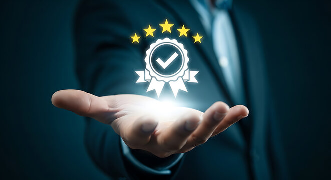 A glowing symbol of premium quality, satisfaction guarantee, and business excellence held by a professional hand, illustrating high standards and successful service