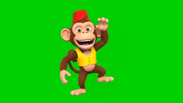 Animated 3D monkey character in a red fez and yellow vest, happily dancing and waving on a green screen, ready for fun video integration