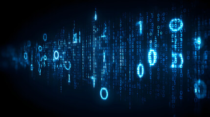 Obraz premium Digital matrix with glowing symbols representing binary code in futuristic style, creating sense of technology and innovation. blue light enhances mysterious atmosphere