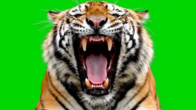 Majestic Bengal Tiger Roaring Fiercely Against a Vibrant Green Screen Background, Showcasing Raw Power and Intense Expression for Creative Projects
