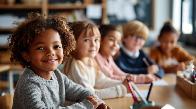 kids in kindergarten attending foreign languages class together in groups