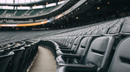 Fototapeta premium Empty stadium seats in a modern sports arena, capturing the essence of anticipation and excitement for upcoming events, showcasing sleek architecture and spacious layout.