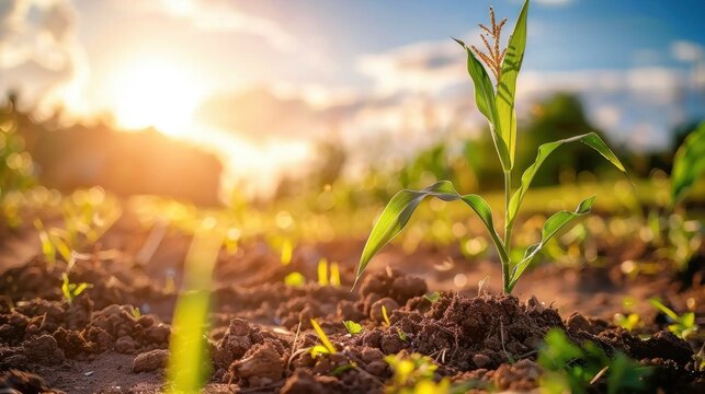 Young green corn plant sprouting from dry soil clods at golden sunrise, close-up with soft bokeh and sun flare; shallow depth of field, rural field in spring