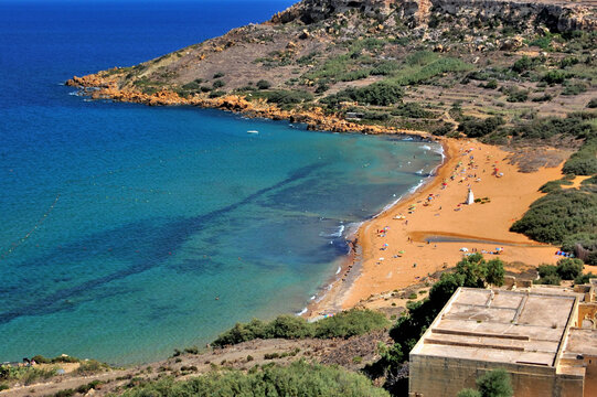 Aerial view of Ramla Bay on Gozo Island, Malta.