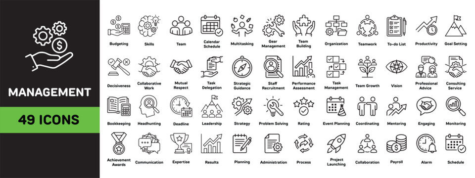 A comprehensive collection of management and business themed line art vector icons. focused on business, leadership, management, and project planning.