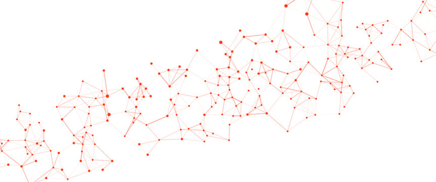 Abstract vibrant red network of connected nodes and lines on a clean white background, representing digital technology, data, science, and global communication.