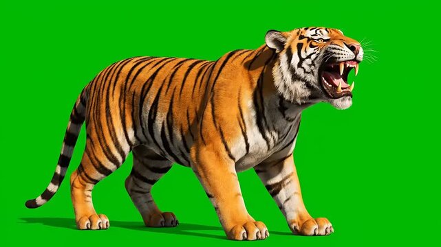 Majestic tiger roaring and walking with powerful presence on a vibrant green screen background, ready for easy digital compositing into any project