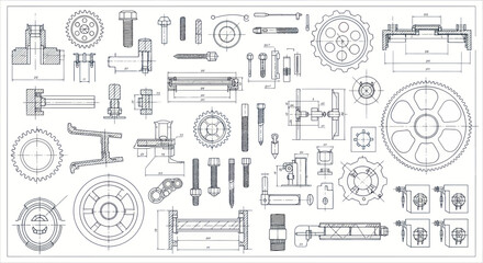 Obraz premium Mechanical Engineering Blueprints: Gears, Bolts, and Technical Drawings Collage
