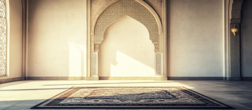 Mosque prayer room with prayer rug and archway