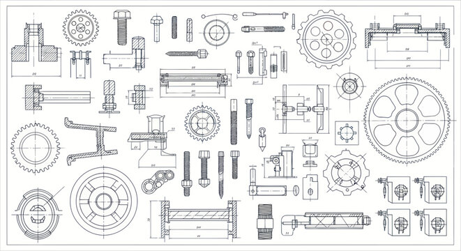 Mechanical Engineering Blueprints: Gears, Bolts, and Technical Drawings Collage