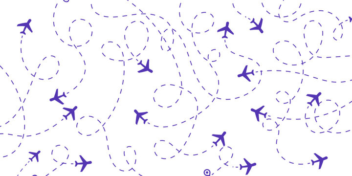 Seamless pattern of purple airplanes flying on dashed routes across a white background, symbolizing global travel, logistics, and interconnected journeys.