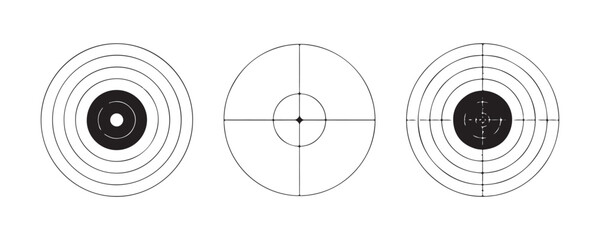 Silhouette target set including shooting range bullseye and sniper crosshair aim icons for marksmanship skill.