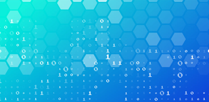 Modern digital technology background with binary code 0, 1 digits and an abstract hexagonal grid pattern, perfect for futuristic data, internet, and cybersecurity concepts.