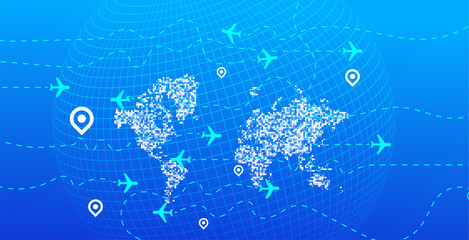 A detailed digital world map featuring white dotted continents, light blue airplanes, dashed flight routes, and location pins on a blue grid globe. Ideal for global logistics. © JustPrint