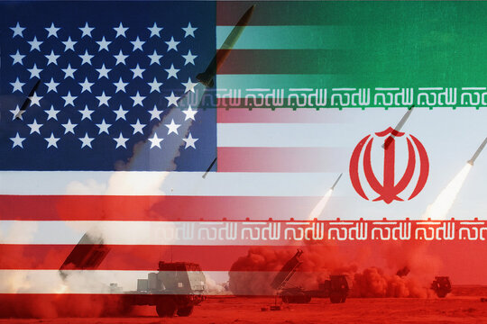 Geopolitical struggle: a military conflict unfolding between the United States and Iran. Missiles near flags.