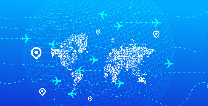 A detailed digital world map featuring white dotted continents, light blue airplanes, dashed flight routes, and location pins on a blue grid globe. Ideal for global logistics.