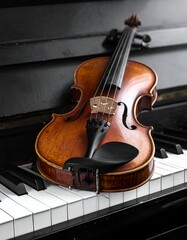 Naklejka premium Elegant Violin Resting on Piano Keys - A Symphony of Instruments.