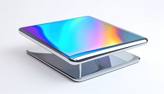 Futuristic, hovering device with a vibrant, iridescent screen atop a reflective base