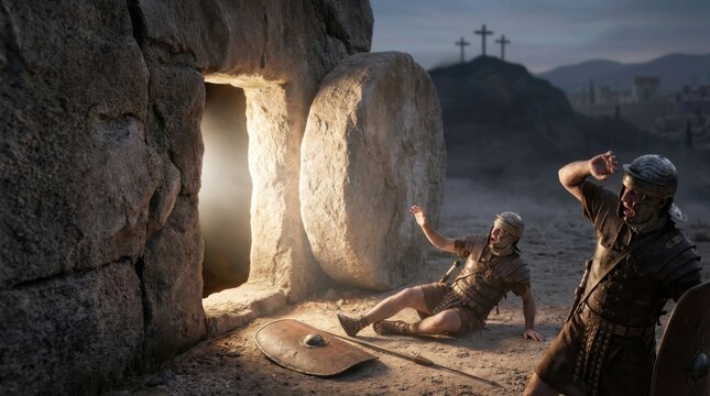 Roman soldiers reacting in fear to the empty tomb of Jesus Christ. Biblical scene depicting the miracle of Resurrection at Easter. Concept of Christian faith and divine power.