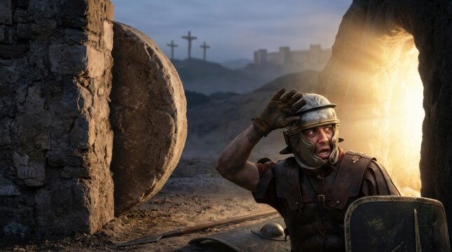 Roman centurion discovering empty tomb with divine light. Shocked soldier at resurrection site with Calvary crosses in ancient biblical landscape