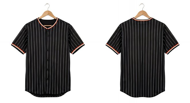 A black pinstripe baseball jersey with orange and white trim is displayed from the front and back on hangers