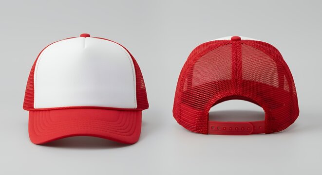 Two trucker hats one white and red from the front and one red from the back
