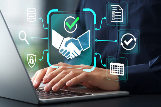 Contract management system and legal document automation. Agreement and approval icons. Businessman using laptop computer.