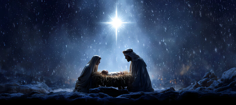 Illustrazione del presepe con la Sacra Famiglia e la Stella di Betlemme nella mangiatoia