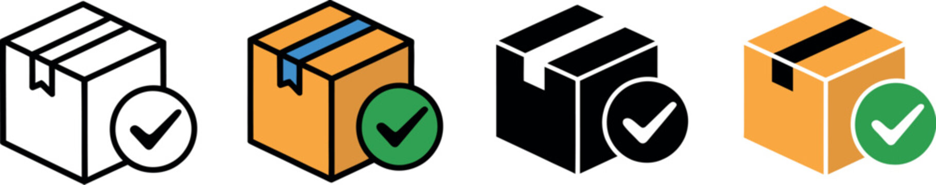 Delivered package icon vector with cardboard box and checkmark symbol for shipping success, order tracking, and logistics services