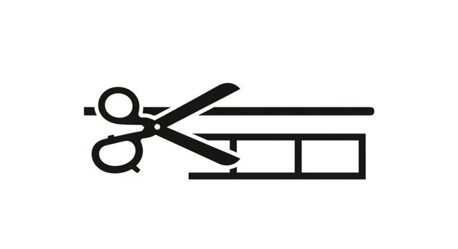 A minimalist vector graphic of scissors cutting through a bar code on a white background