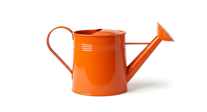 ​A vibrant orange metal watering can with a classic design isolated on a clean white background.