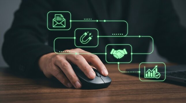 Lead Generation, Digital Marketing, Sales Funnel, Customer Acquisition, Business Growth, Marketing Strategy, Lead Nurturing shown with neon icons of a professional sales process.