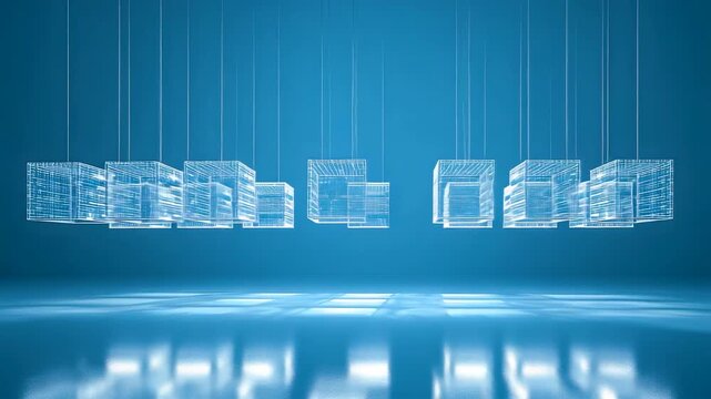 Digital wireframe buildings forming modern city skyline with glowing blue grid and reflective surface creating advanced technology architecture scene