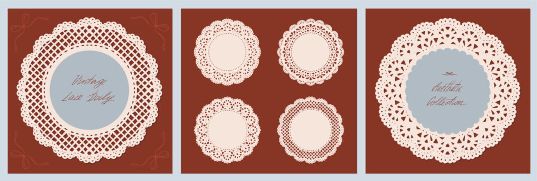 Vintage Lace Doily Collection, elegant round coquette scrapbook vector set. Cottagecore antique lace frame illustration for wedding, journal, romantic design