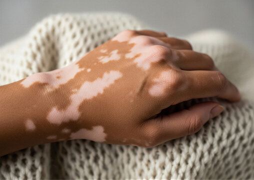 Vitiligo depigmentation pattern visible on hand resting against textured cream knitted blanket showcasing natural skin condition diversity and authenticity