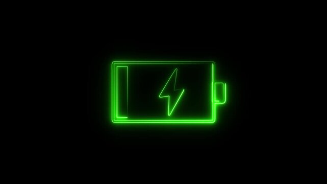 Neon battery icon, neon battery charging icon animation on black background. Burning battery fast charging. Neon charging animation on black background, Neon battery low icon.