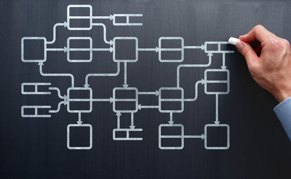 Data flow analysis. System engineer drawing diagram on blackboard. Efficient data processing and stream design.