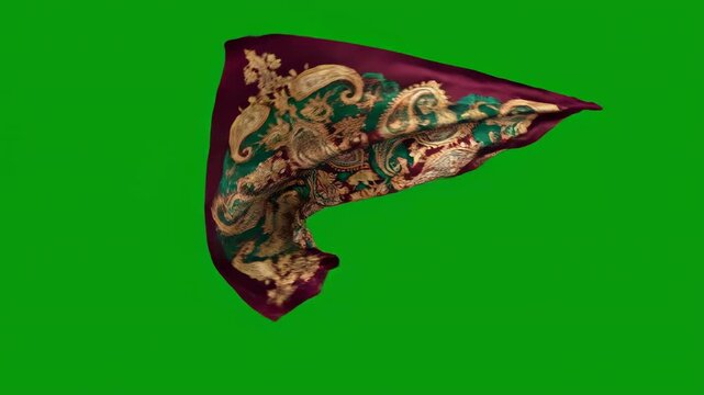 Flowing silk scarf with green screen background elegant burgundy and gold pattern fabric chroma key element for visual effects and compositing