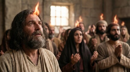 Fototapeta premium Man with a flame on his head during the Pentecost. People receive the Holy Spirit. Religious scene for Christian holiday.