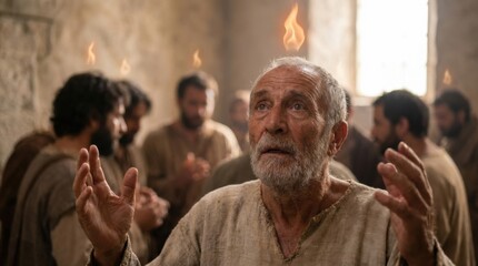 Fototapeta premium Old man apostle with flame above head during Pentecost. Biblical scene portraying the descent of the Holy Spirit for religious illustration.