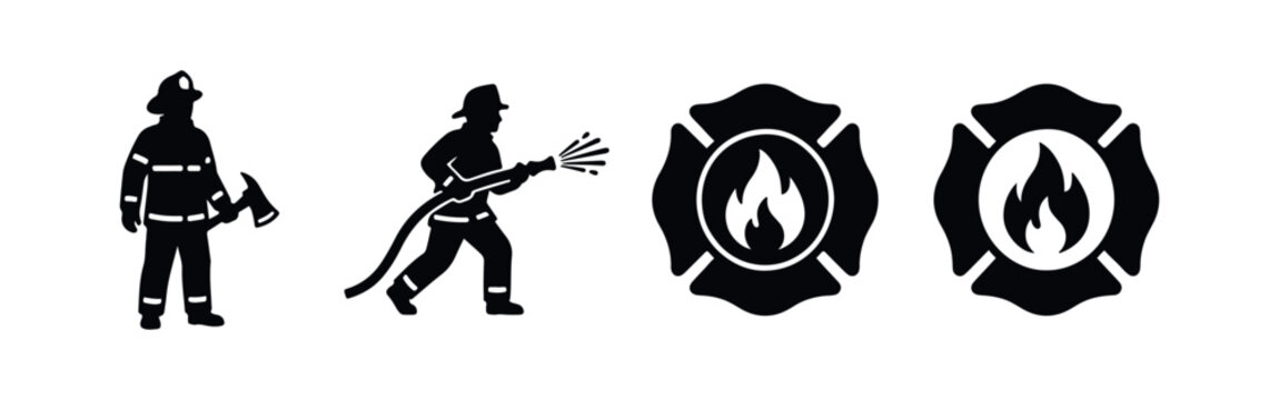 Firefighter silhouettes and fire department emblem icons set