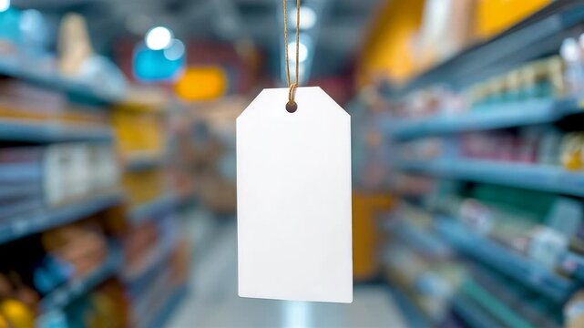 Blank white price tag hanging in retail store aisle with blurred supermarket shelves and product rows creating clean commercial shopping concept
