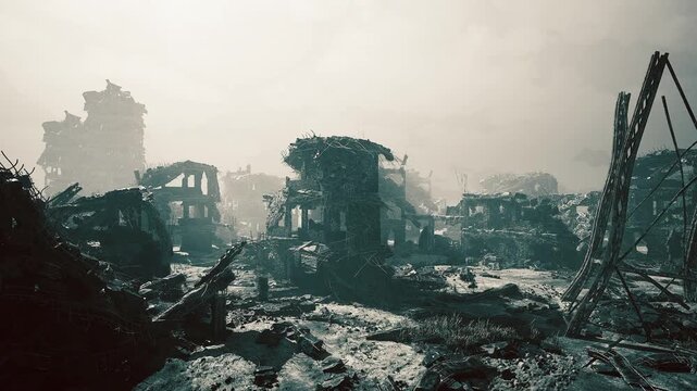 Foggy industrial ruins at dawn, skeletal structures and abandoned machinery, wet ground reflecting pale light, quiet mood of industrial decay.